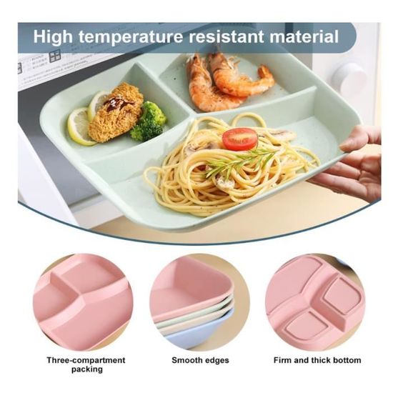 Lot De 4 Assiettes Compartimentées En Plastique Réutilisables - Pour Adultes Et Enfants - Idéales Pour Camping, Pique-nique Ou Repas équilibrés à La Maison - 27x21 Cm - Incassables Et Lavables Au Lave-vaisselle - 3