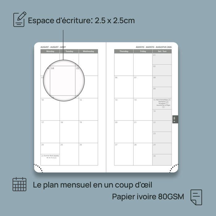 Agenda 2026 Semainier A5 (21.3x14.6 Cm) | Couverture Rigide Cuir PU Bleu | Pages Hebdomadaires Et Mensuelles