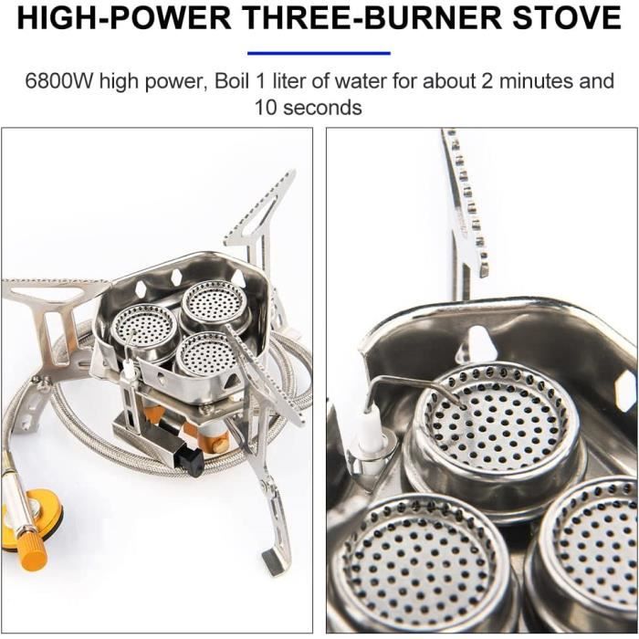 Réchaud à gaz de camping, réchaud de camping portable en plein air, réchaud à gaz coupe-vent de 6800 W avec allumage piézoélectrique, brûleur à gaz pliable pour barbecue, randonnée, camping, trekking