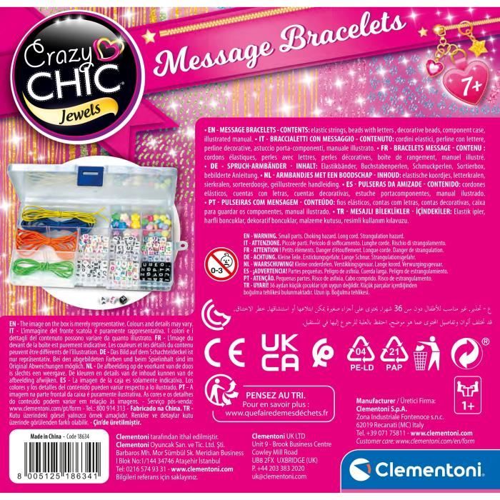 Clementoni - Crazy Chic-Message armbanden, sieradenset voor meisjes, creatieve vrijetijdsset, 7 jaar en ouder, 18634, cranberry, doos, alfabetten, accessoires en handleiding