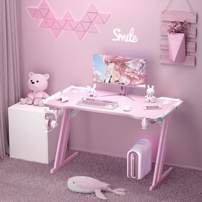 Bureau Gamer 120x60cm Avec LED RGB - Plateau Carbone, Porte-gobelet, Noir