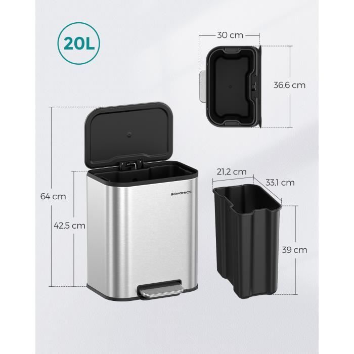 SONGMICS Lot De 4 Poubelles De Tri 20L Empilables – Code Couleur Jaune Bleu Beige Vert + Autocollants
