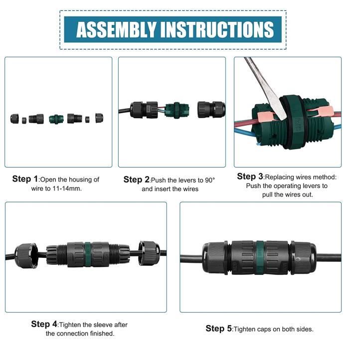 Raccord Électrique Étanche IP68 - Lot De 2, 3 Voies | Pour Câbles Ø 6-11mm | Extérieur/Jardin