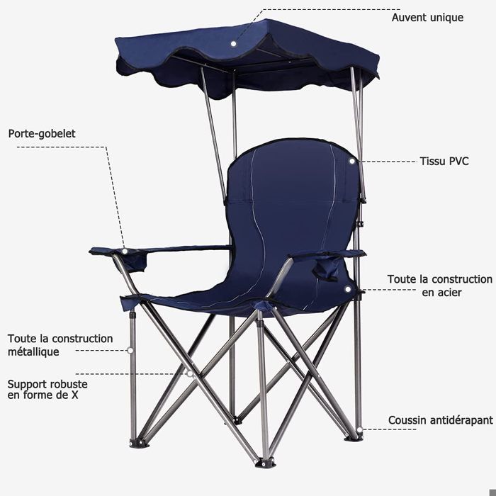 Chaise Pliante Plage COSTWAY Chaise De Camping Pliante En PVC Avec Porte- gobelet, Pare-Soleil, Sac De Transport Chaise Pliante Camping