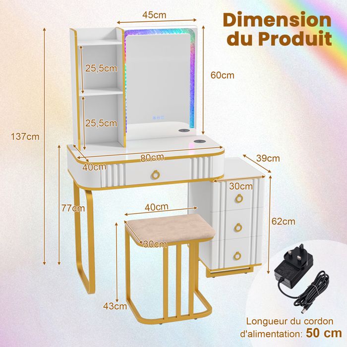 Coiffeuse Enfant LALAHO Miroir Triple LED Tactile 3 Couleurs + Tabouret - Blanc Élégant, Idéal Petite Princesse