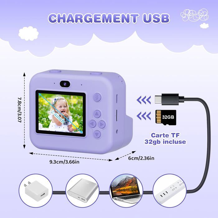 Appareil Photo Instantané Enfant – 2,4″ écran, Selfie, Vidéo 1080P, Carte 32GB, Impression Sans Encre – Dès 3 Ans