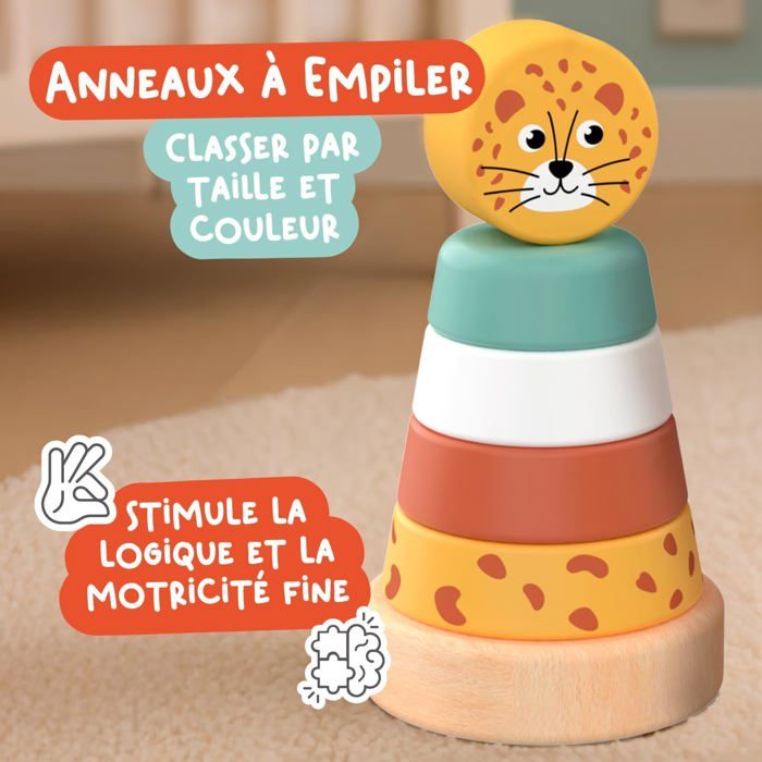 Jouet Montessori 4-en-1 En Bois Pour Bébé 12 Mois – Blocs Sensoriels, Pluie Musicale, Labyrinthe Girafe Et Anneaux à Empiler – Cadeau éducatif FSC
