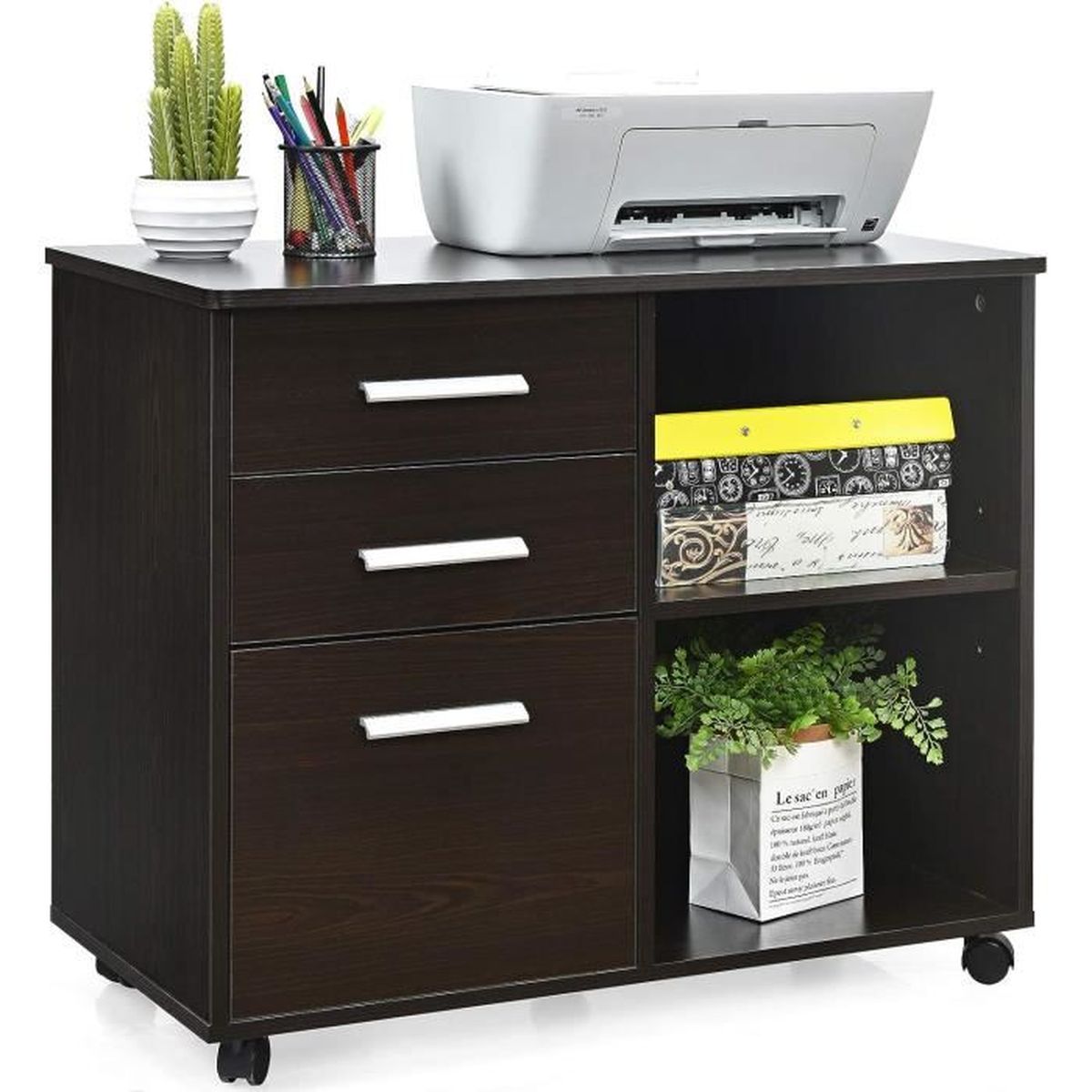 Meuble Imprimante Roulant Avec 3 Tiroirs Et 2 étagères - 80x40x65,5 Cm - Prises USB Intégrées - MDF Marron/noir - 4