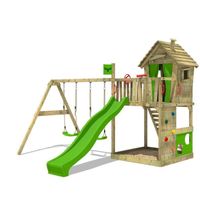 Aire de jeux en bois FATMOOSE HappyHome avec balançoire et toboggan vert pomme pour enfants de 3 ans et plus