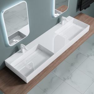 LAVABO - VASQUE Sogood Double lavabo suspendu blanc 160cm double vasque à poser lave mains rectangulaire de qualité pour salle de bain Colossum12