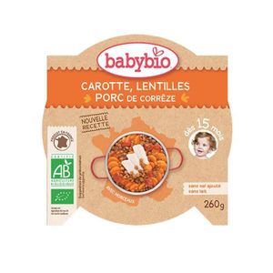 PLATS CUISINÉS Repas complet pour bébé - Babybio - Assiette Carotte Porc Lentilles - Bio - sans sel ajouté