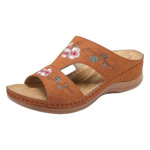 CHAUSSON - PANTOUFLE lukcolor Chausson - Pantoufle 2021 été nouvelles chaussures pour femmes pantoufles à broderies fleurs creuses brun