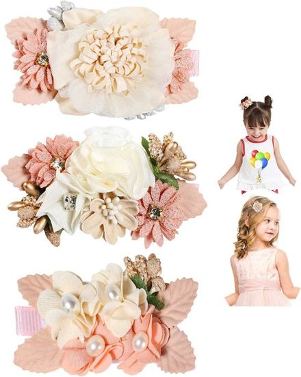 Lot De 3 Pinces à Cheveux Fleur Pour Enfants - Fait Main - Adjustable Pour Bébé Fille