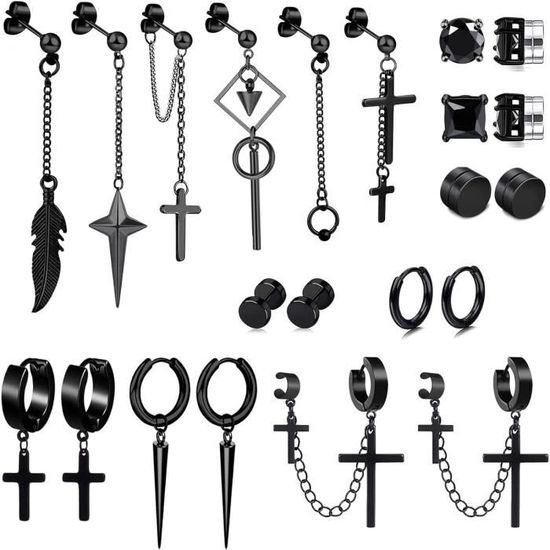 Diamday Lot De 6 Paires Boucles D'Oreilles Acier Inoxydable Noir - Créoles, Clous CZ, Style Punk Homme Femme
