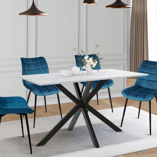 Table à Manger Ronde Alix 110 Cm Effet Marbre Doré - Pied Araignée Laiton, 6 Personnes, Plateau MDF, Design Moderne