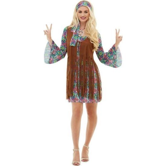 Deguisement Hippie Femme, Costume Hippie Femme avec Gilet Hippie, Costume Hippie des Années 60 et 70 avec Bandeau, Boucles d'oreilles, Tenue Rétro