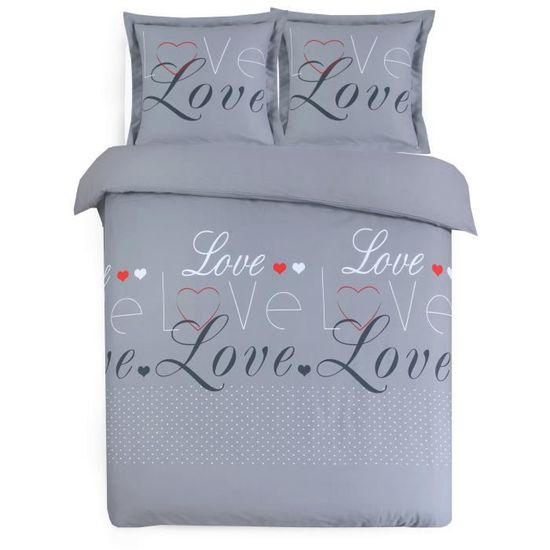 VISION - FLANELLE Love Gris - Parure de lit housse de couette 200x200cm avec 2 taies - 100% coton flanelle