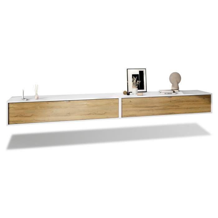 Vladon Ensemble de 2 set meuble TV Lana 140 armoire murale lowboard 140 x 29 x 37 cm caisson en blanc mat façades en Chêne Nature
