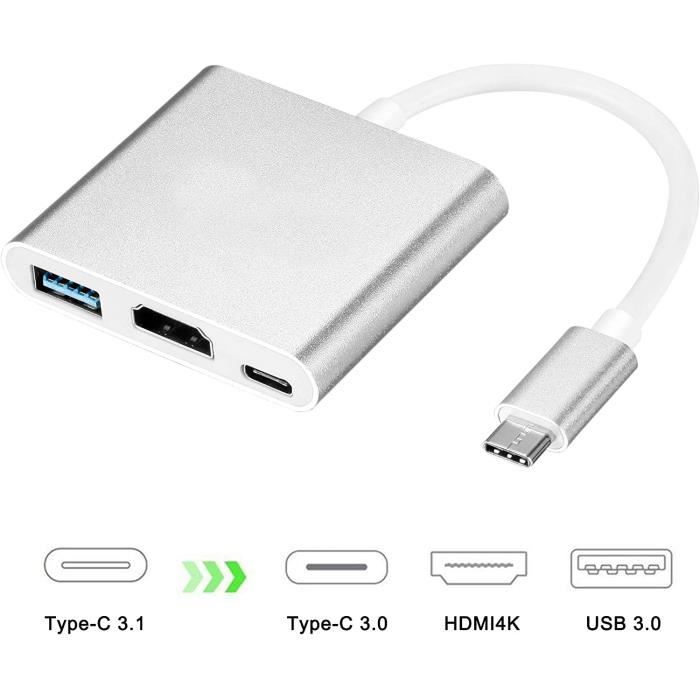 Geabon Adaptateur USB C vers HDMI 4K, Adaptateur Type C Hub vers HDMI Convertisseur avec Port USB 3.0 et Port de Charge C USB Compat