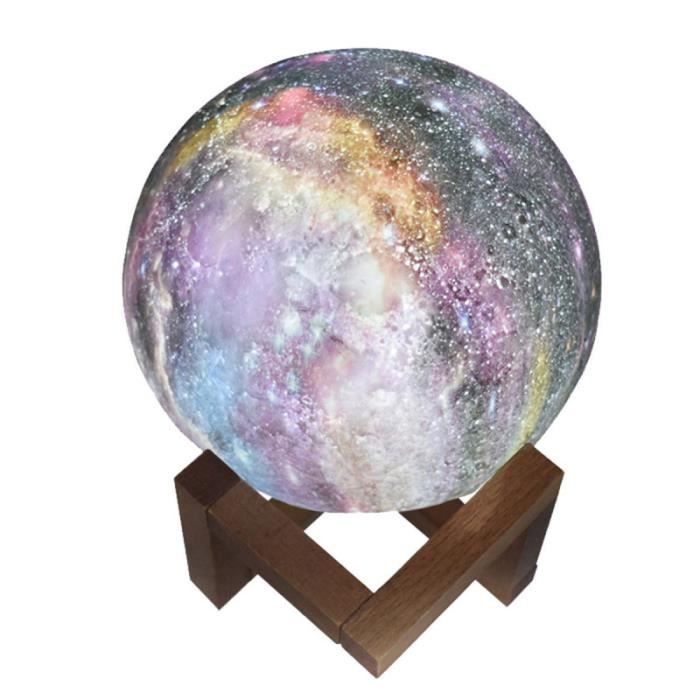 Lampe de poche USB 3D Galaxy Moon Light LED de charge avec support en bois, éclairage décoratif (Touch Control, 3 couleurs)