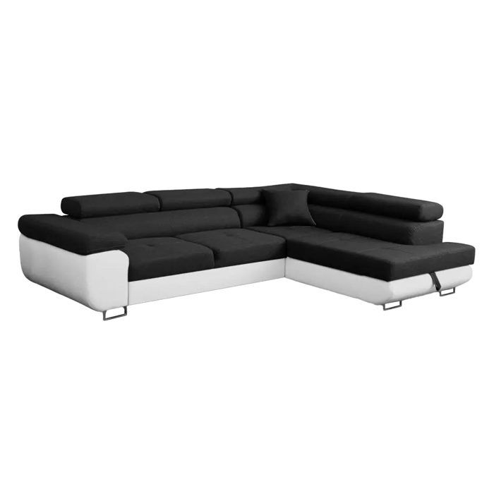 AUBIN - Canapé D'angle Convertible Noir Et Blanc Coffre De Rangement - Angle Droit