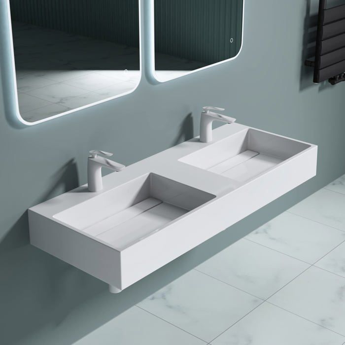 Sogood Double lavabo suspendu blanc 160cm double vasque à poser lave mains rectangulaire de qualité pour salle de bain Colossum12