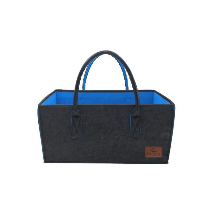 DeSen Sac en Feutre,Cabas Courses,Panier Plage Pique-Nique,Sac bûches,Sac bois,Panier Linge,Rangement Jardin,Noir/Bleu,50x25x25cm