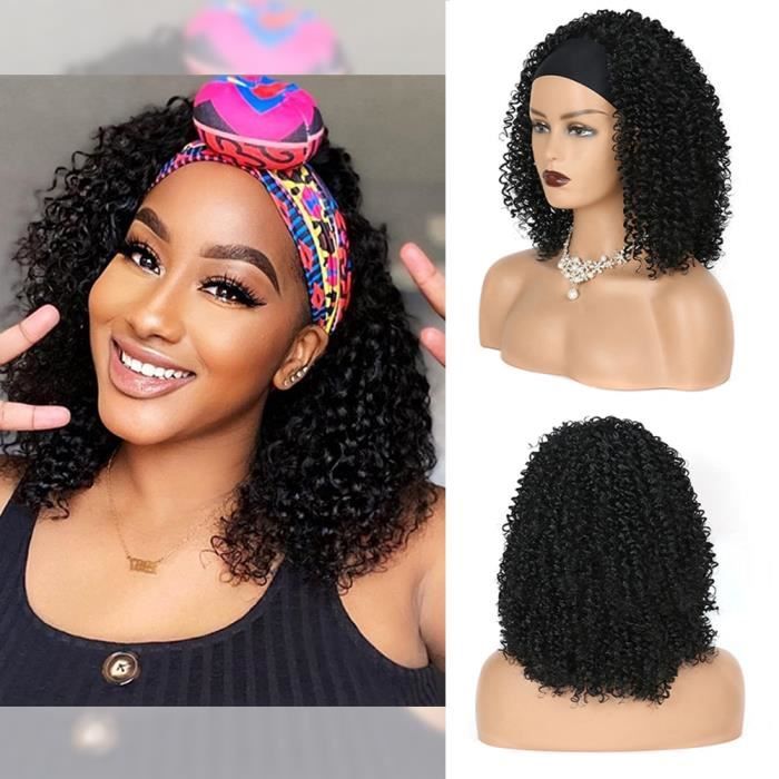 # 1B -Perruque à bandeau synthétique pour femmes afro américaines, perruque Afro crépue bouclée avec écharpe, en Fiber résistante à