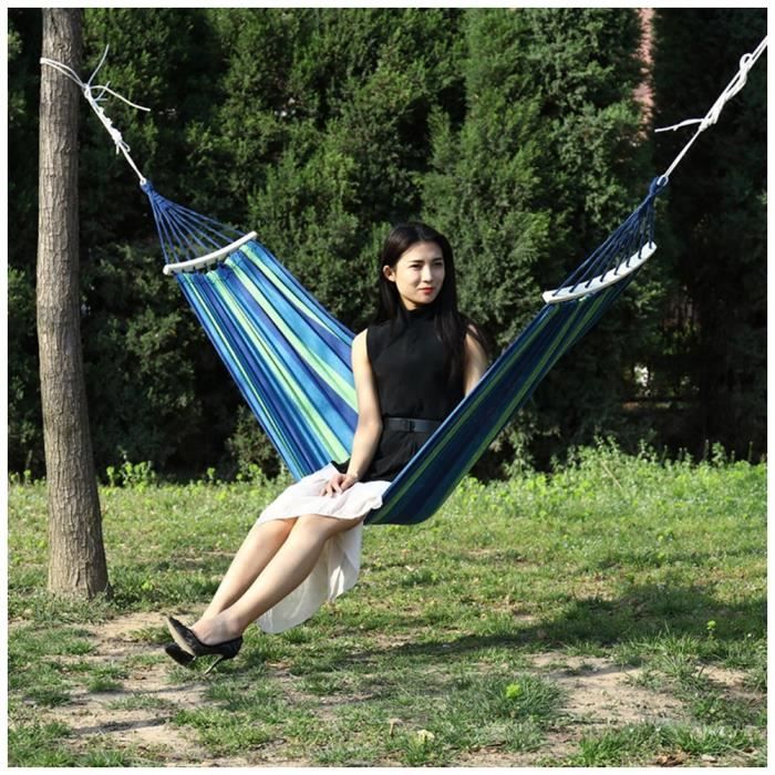 Hamac d'Extérieur de Camping Lit Suspendu Pour Randonnée Pédestre Jardin Voyage Bleu (barres en bois) 1 Personne 190x100cm