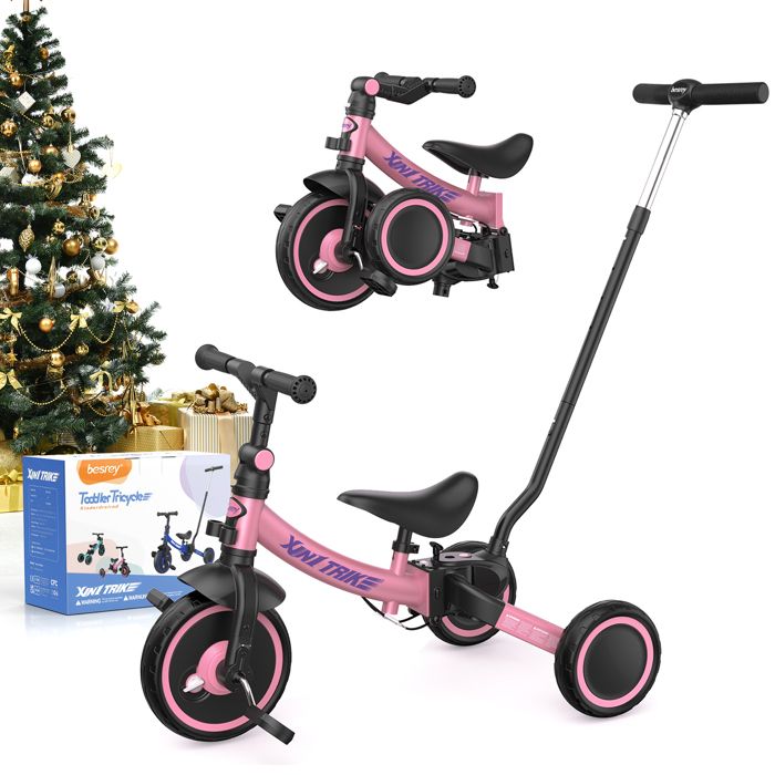 BESREY 7 en 1 Tricycle pour enfants Draisienne Multifonctions Poussoir Réglable ROSE
