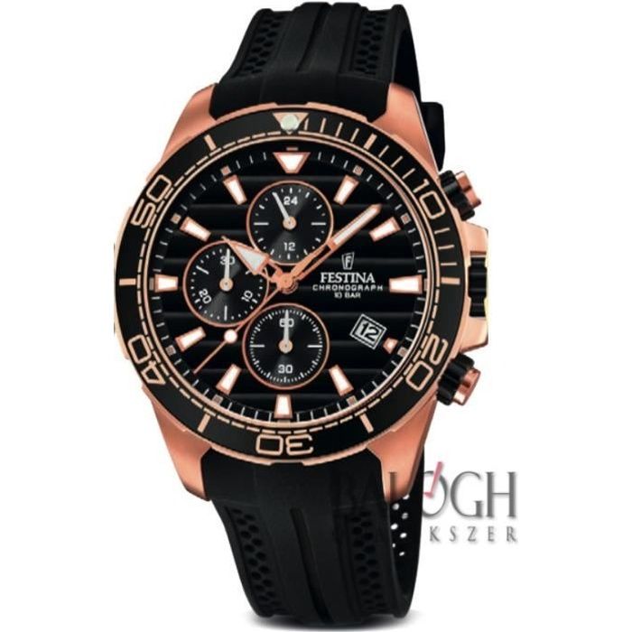 Montre Homme Festina - F20367/1 - Chronographe - Quartz - Date - Cadran Noir - Bracelet Silicone. Plaqué or rose.