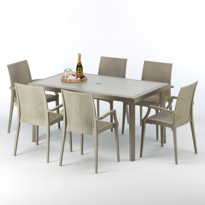 Table rectangulaire et 6 chaises Poly rotin resine ensemble bar cafè exterieur 150x90 Beige Marion, Chaises Modèle: Bistrot Arm Beig