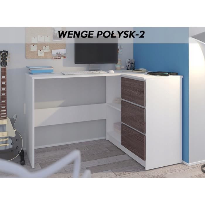 REX B - Bureau d'angle avec rangements + 3 tiroirs - 112x87x76 cm - Table d'ordinateur - Blanc Wengé