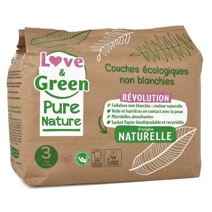 LOVE AND GREEN Couches hypoallergéniques Non blanchies Pure Nature - Certifiées Ecolabel T3 x 42 (4 à 9 kilos)