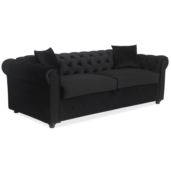 Canapé Chesterfield convertible express avec matelas Domingo Velours Noir