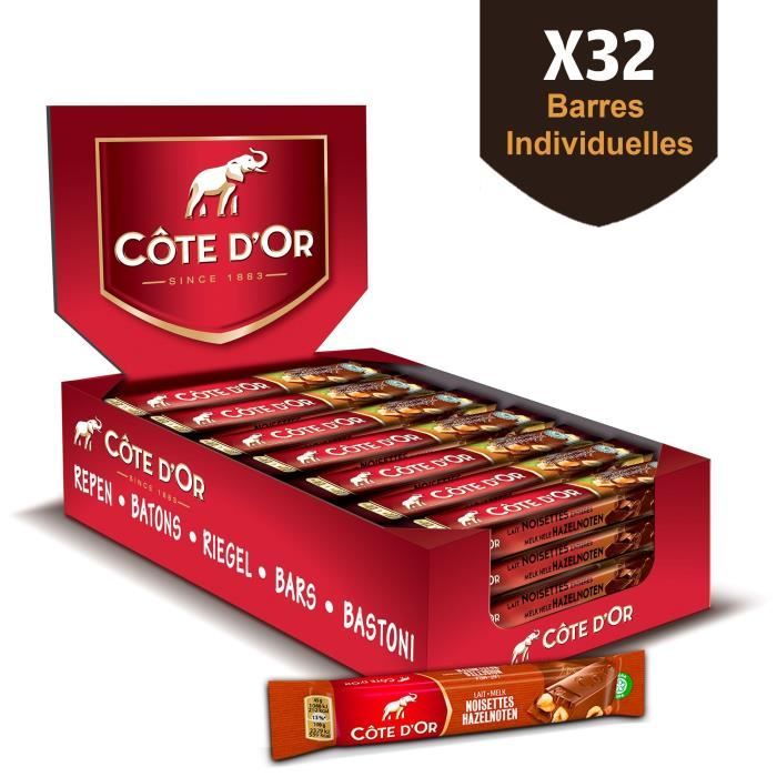 COTE D'OR Bâton Chocolat au Lait et Noisettes entières - Barres chocolatées Cacao 100% durable - Présentoir de 32 barres x 45 g
