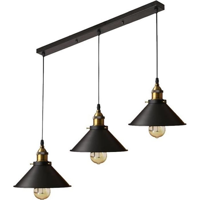 Lustre Rétro en Métal Suspension de 3 Lumières Industrielle Plafonnier E27 Douille Abat- jour Noir pour Eclairage Décoration