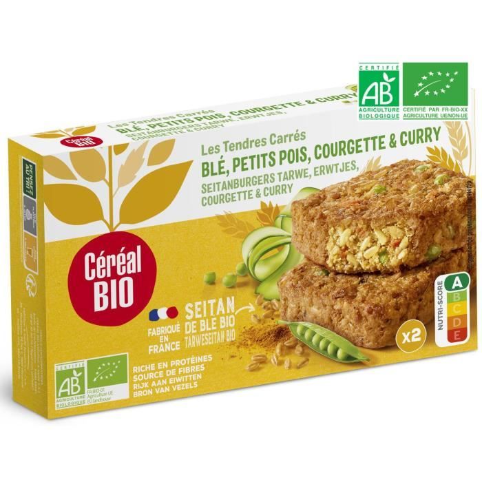 CEREAL BIO Tendres carrés de blé à base de petit pois, courgette et curry Bio - 200 g