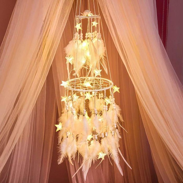 Attrape-rêves Bohème Avec Lumières LED – 44 Cm, Plumes, Perles, Pour Chambre, Décoration Murale - 4