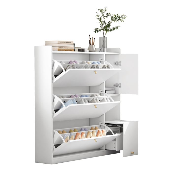 Meuble Coffre Armoire à Chaussures moderne bois blanc dentrée et salon L119 x P24 x H122 cm avec tiroir 3 plis rangement