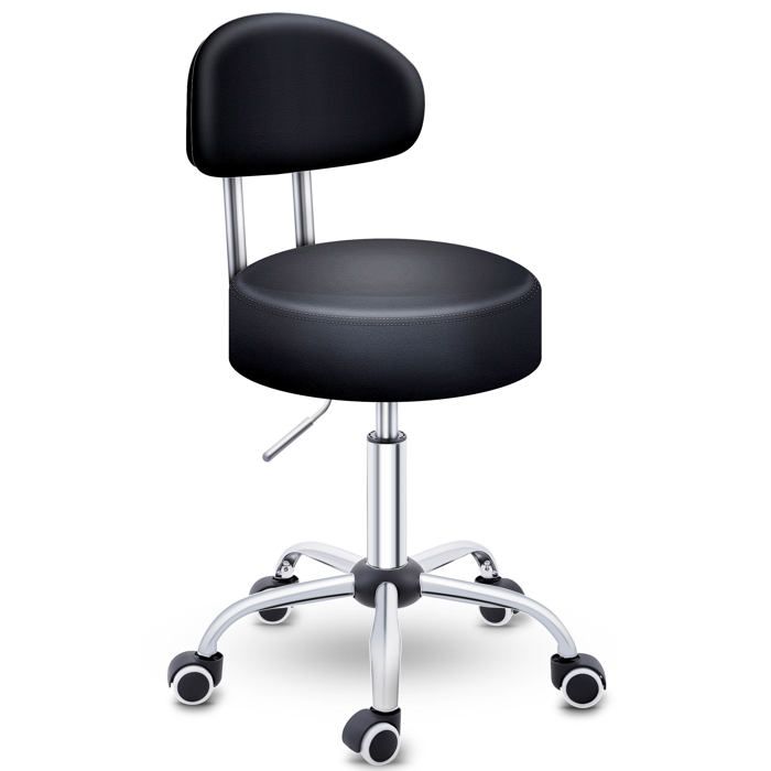 TRESKO® Tabouret de travail Noir à Roulettes avec Dossier – Réglable 46-58 cm Pivotant 360° Similicuir Bureau & Cosmétique