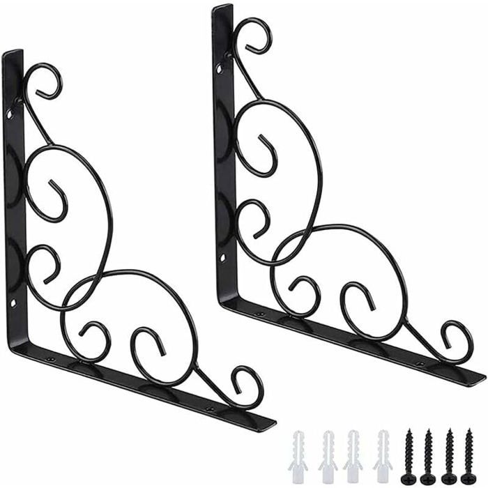 Support mural - PZCC - Équerres en fer forgé - Lot de 2 - Noir - Design triangulaire