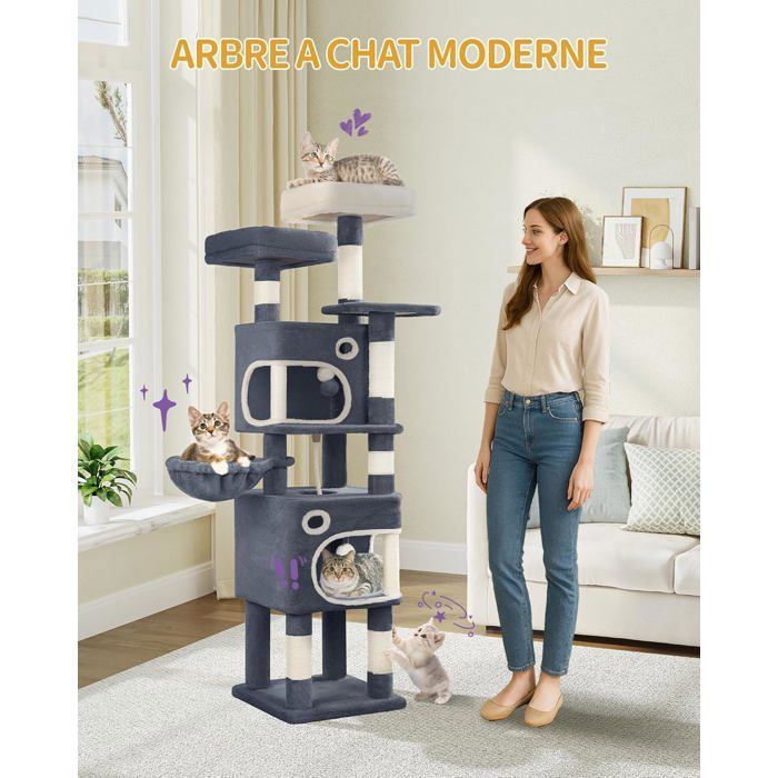 Comparer les prix de Arbre à Chat Hauteur 159 cm Tour de Jeux pour Chat avec 8 Griffoirs 3 Plateformes 2 Niches Panier Pompons Gris Foncé