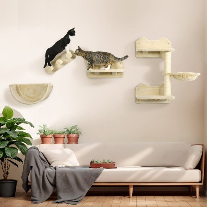 Meilleurs prix pour Arbre à chat mural 4 pièces avec escalier hamac et plaque de saut pour chats jusquà 5 kg - Design beige