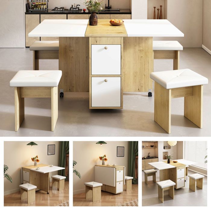 Ensemble table et chaises salle à manger 120x80x80 design blanc et chêne table extensible pliante