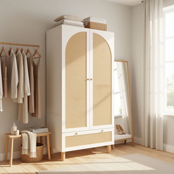 URBAN MEUBLE Armoire style champêtre 2 portes et tiroir en rotin penderie et étagères ajustables URBAN MEUBLE Armoire style champêtre 2 portes et tiroir en rotin penderie et étagères ajustables