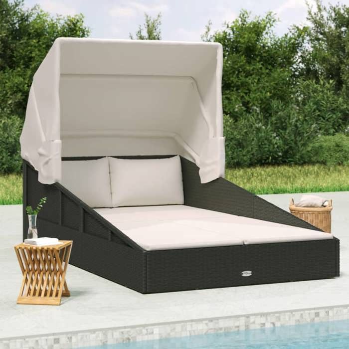Transat avec toit pliable - vidaXL - 200x114x128 cm - Résine tressée - Toit ajustable - Coussin amovible - Noir