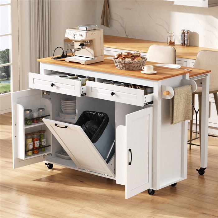 Meuble de Cuisine Rangement Mobile Blanc avec Travail Prise et USB Compartiment Poubelle Ilot Cuisine Extensible 120x40(75)x92