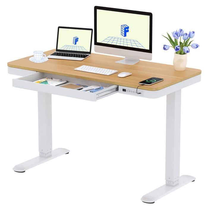 FlexiSpot Q3 Bureau Assis Debout 120x60cm avec Affichage LED Fonction Mémoire et Port USBTable Électrique avec Tiroir Maple