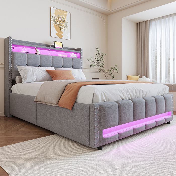 Lit coffre 140x200cm en lin - avec LED et prise USB - Coffre de rangement - Sommier à lattes - avec levier hydraulique - Gris clair